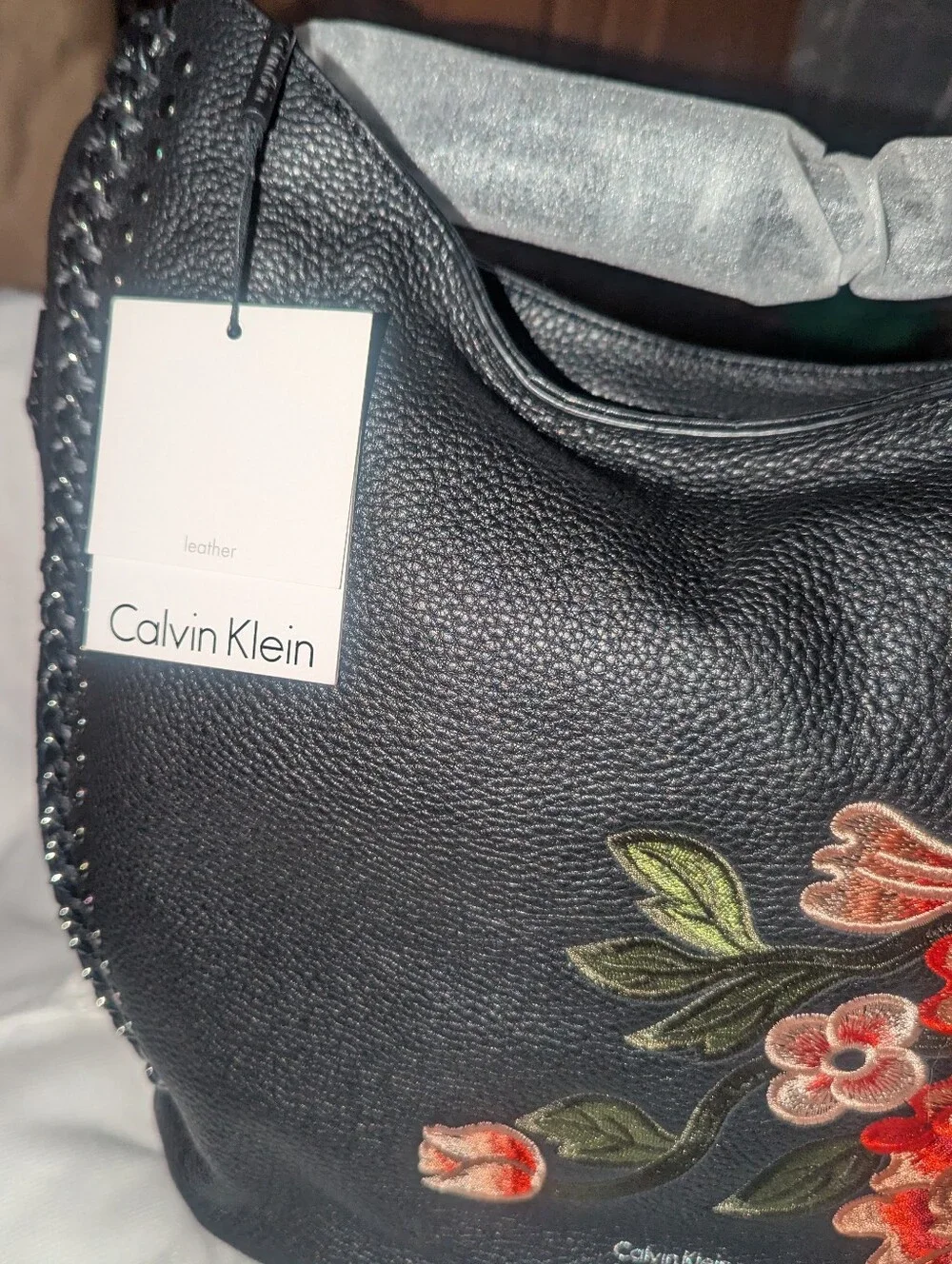 Calvin Klein Samira Black Leather Hobo Bag with Red Floral Embroidery NWT